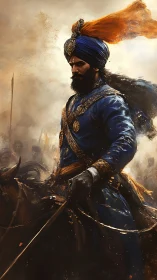 Digital painting of regal cavalry commander in battle haze.