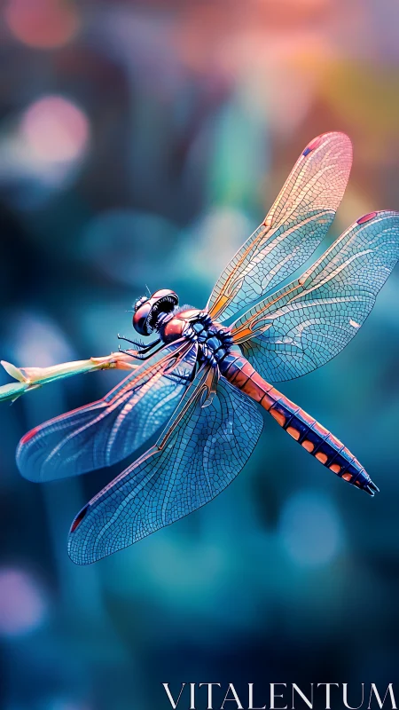 Dragonfly rests on stem with detailed translucent wings