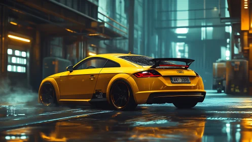 Neon-drenched yellow Audi prowls a cinematic night garage.