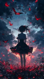 Silhouetted girl amid red butterflies and twilight sky.