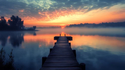 Gentle sunrise over a misty lake and quiet wooden pier.