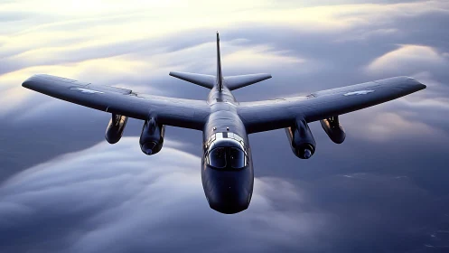 Sleek military jet glides calmly above soft evening clouds