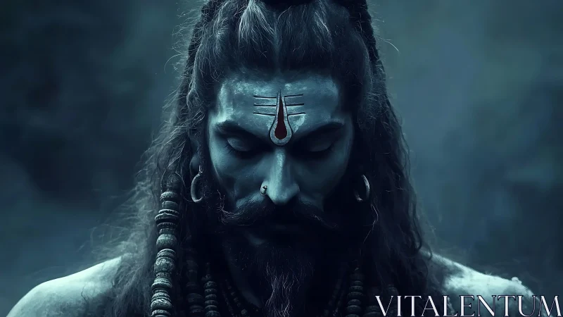 Mystic ascetic portrait in blue-toned digital chiaroscuro.