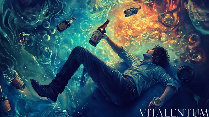 Man submerged in luminous alcohol vortex, bottles swirling.