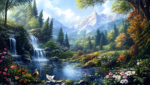 Mountain landscape with waterfall, forest, pond, and birds.