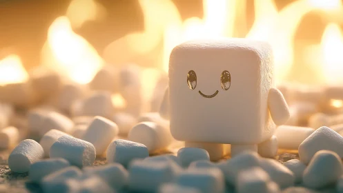 Anthropomorphic marshmallow character rendered in luminous 3D environment.