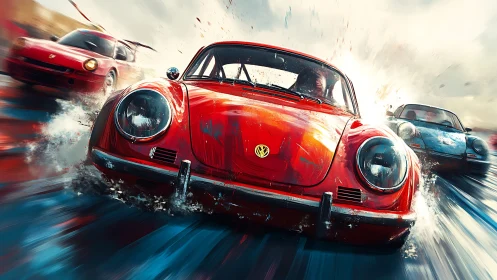 Dynamic sports car sprint in wet-track motion blur digital painting.