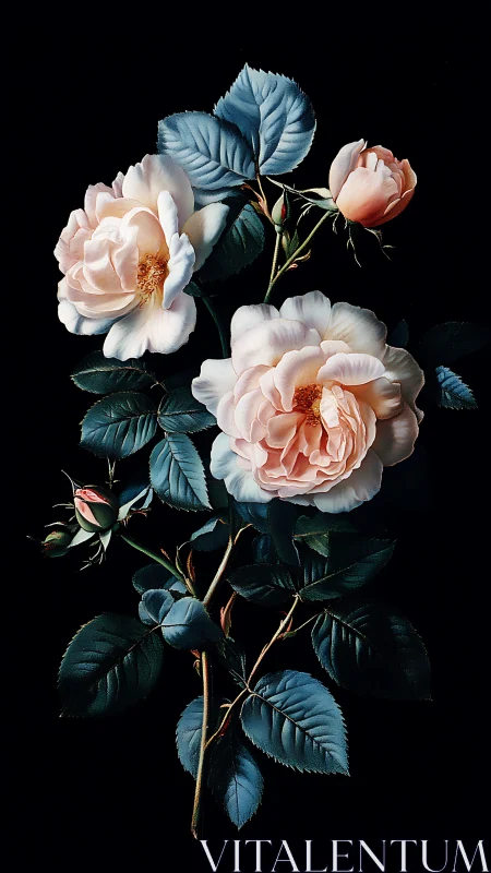 Classical Botanical Roses: Pale Pink Blooms Against Darkened Background