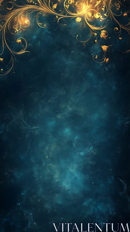 Golden floral filigree shimmers above deep teal space.