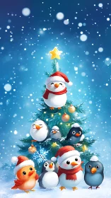 Festive avian ensemble decorating illuminated winter fir tree.