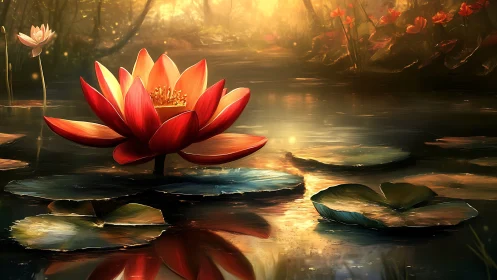 Luminous red lotus over reflective pond in warm dusk light.