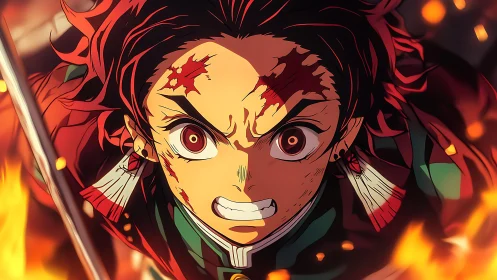 Fiery anime swordsman charges forward through blazing embers.