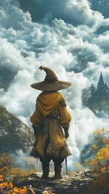 Wizard explorer surveying volumetric cloud canyon from cliff edge.