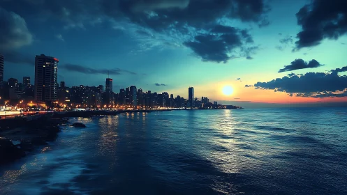 City lights meet quiet tide under a teal sunset sky.