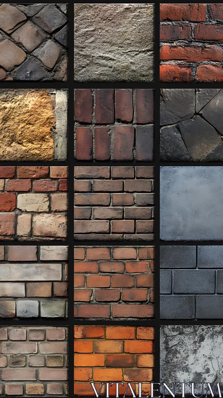 Matrix of worn brick and stone wall textures with varied aging