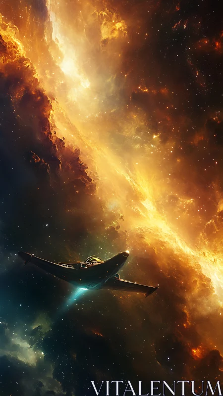 Starship drifting toward a glowing golden cosmic rift.