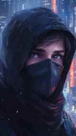 Hooded cyberpunk vigilante studies neon city at night