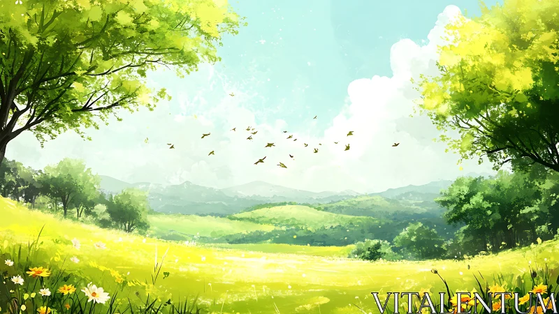 Sunlit valley meadow opens under bright spring sky.