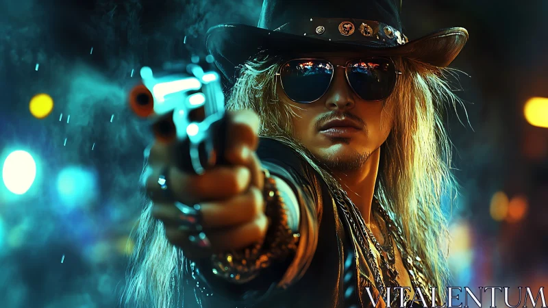 Neo-western gunman aims forward in neon city rain.