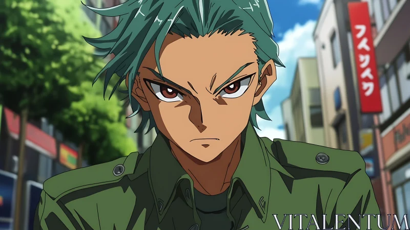 Street-hardened anime rebel stalking the sunlit cityfront.