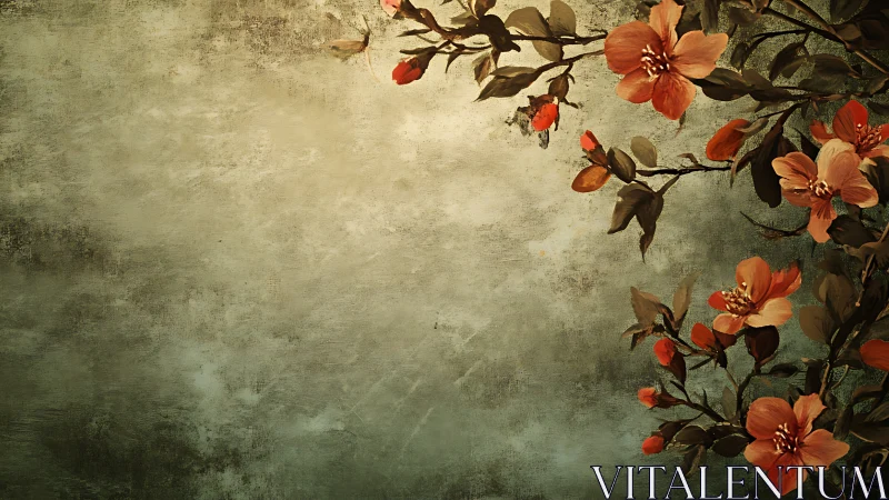 Vintage Floral Composition: Coral Blossoms Against Textured Surface.