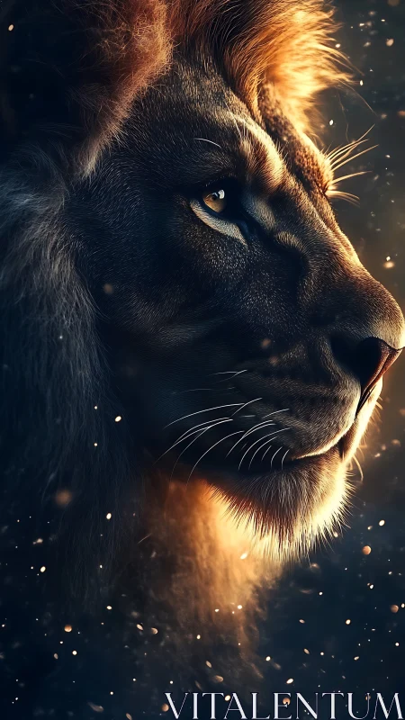 Cinematic lion profile in warm rim light with ember particles