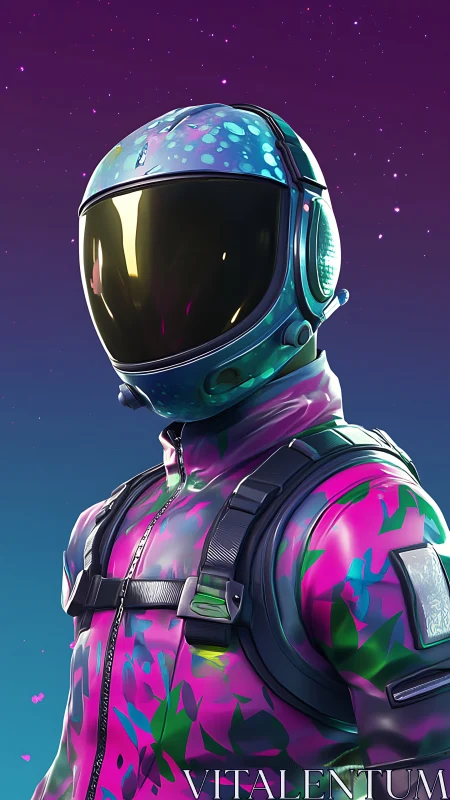 Neon cosmos ranger in kaleidoscopic suit beneath starlight.