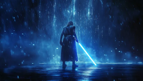 Hooded warrior holds glowing sword in blue rainstorm