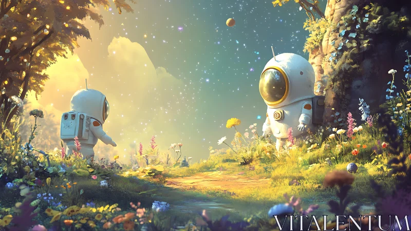 Two suited figures stand in a luminous, stylized garden