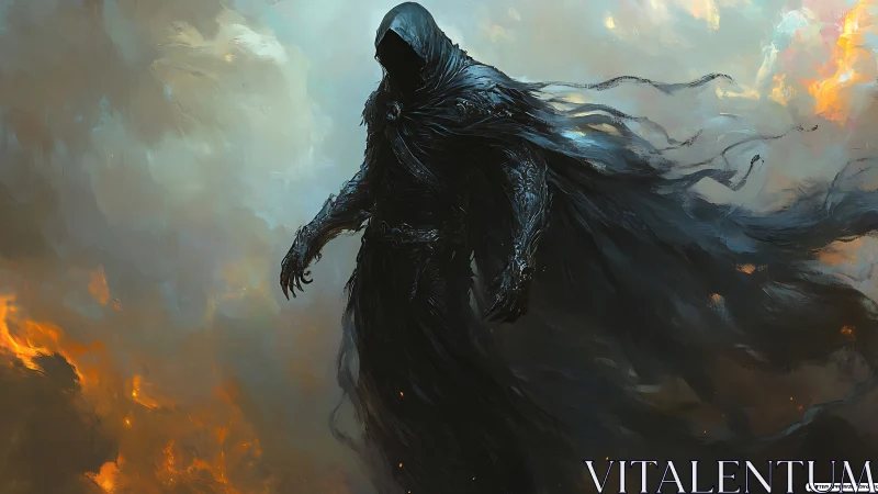 Storm-clad shadow wraith strides through embers and ash.