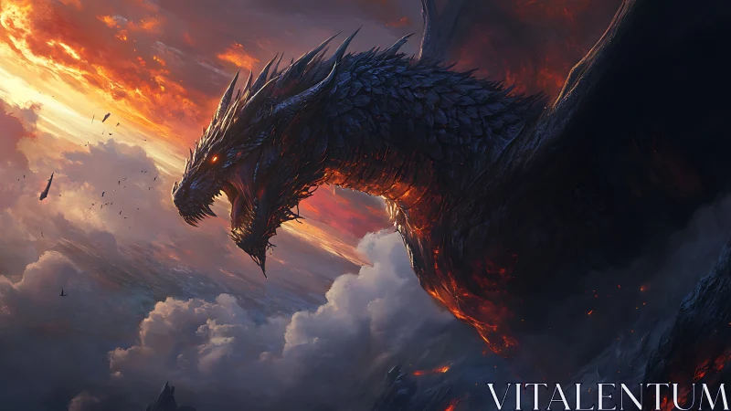 Firelit dragon storms through molten skies at twilight