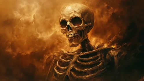 Gentle ember-lit skeleton rising through swirling smoke.