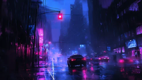 Neon soaked cyberpunk city street in midnight rainstorm.