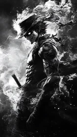 Dark swordsman in flames with skeletal face and glowing eyes.