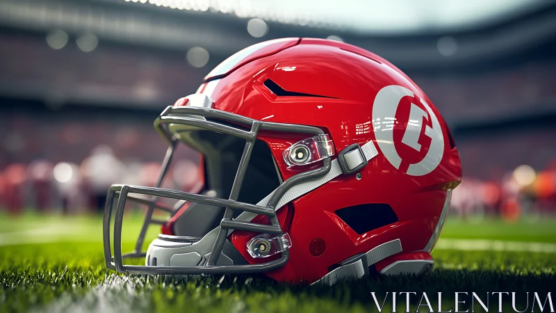 Red football helmet on grass field in stadium setting.