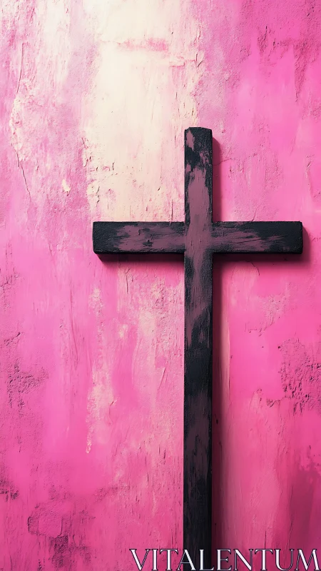 Dark wooden cross against textured pink wall background.