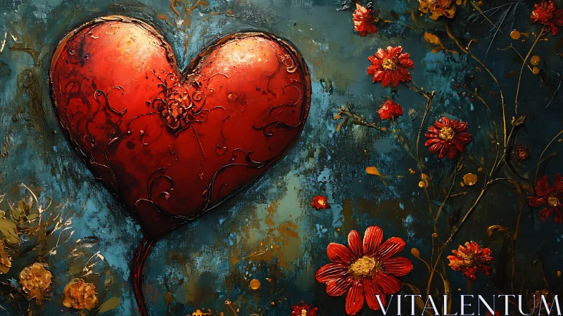 Red ornamental heart with floral elements on textured teal background.