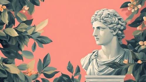 Classical marble bust framed by lush foliage on coral background