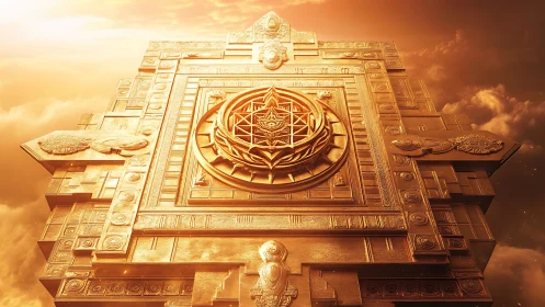 Majestic golden mandala gate floats in radiant sunset sky