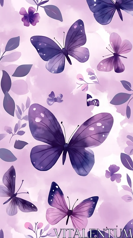 Dreamy violet butterflies drifting through soft clouds.
