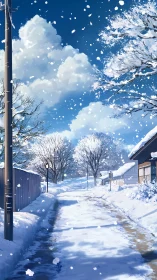 Quiet snowy village lane under a bright blue winter sky.