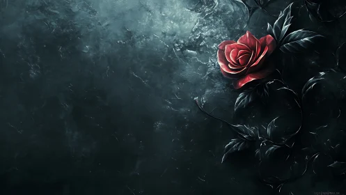 Single red rose on dark textured background.
