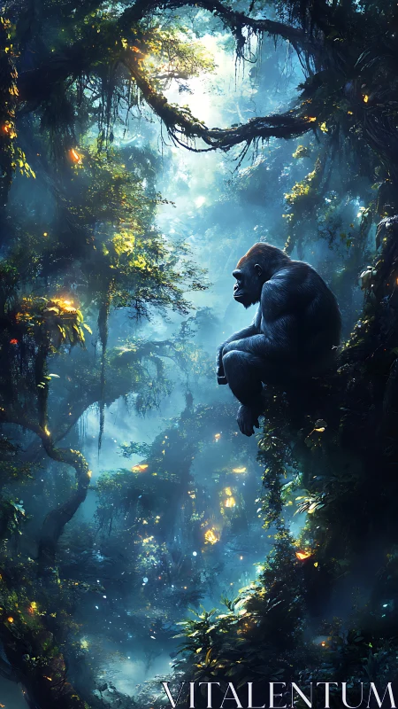Solitary silverback contemplating in luminous jungle dusk.