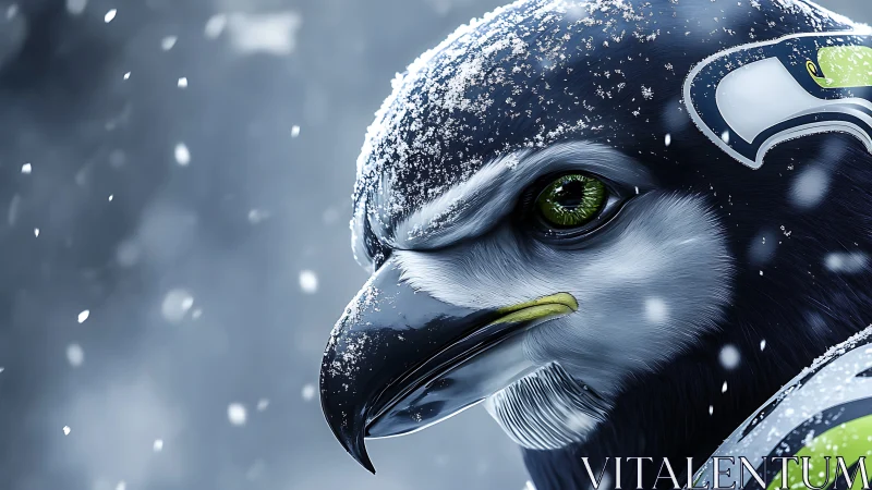 Realistic snowy hawk portrait with football helmet, digital art.