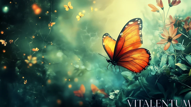 Orange butterfly rests on flowers in soft glowing light