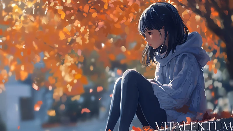 Solitary seated figure observed against blurred autumn foliage