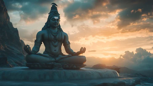 Meditating deity statue on rocky mountain at vivid sunset.