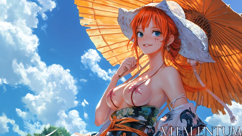 Sunlit redhead enjoying a bright summer sky and parasol.