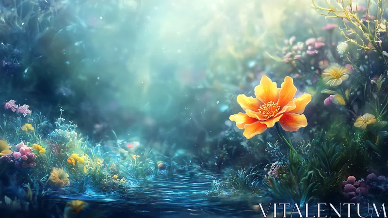 Luminous orange flower by glowing stream in fantasy garden.