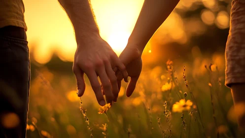 Couple holding hands in golden sunset field.